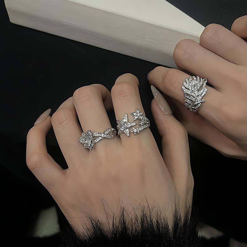 Light Luxury, High-End Feeling, Full Of Diamonds, Zircon Feathers, Camellia, Star Light Opening Ring, Niche Design, Stacked Personalized Ring