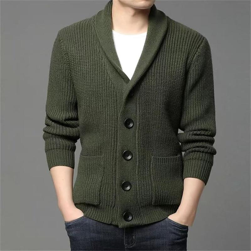 Autumn Winter Men's Thickened Button Cardigan Wool Sweater Green Fruit Collar Sweater Jacket V-neck Solid Color Casual Knitted Sweater