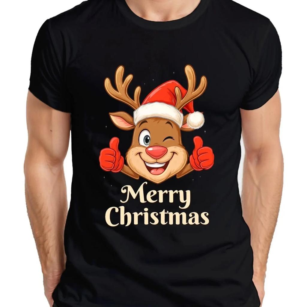 Merry Christmas cute reindeer Santa hat cartoon family children Unisexs t shirt vintage Washed Breathable fashion Casual