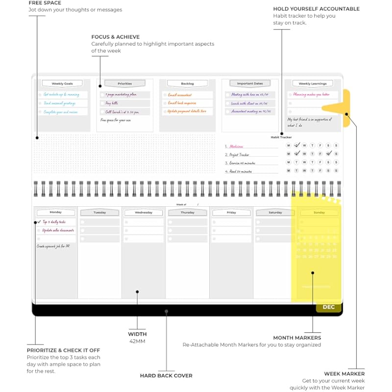 SOLO Weekly Success Planner, Hard Back Cover, 53 Weeks, Undated, Re-Attachable Monthly Calendars, A5 Size, 80GSM