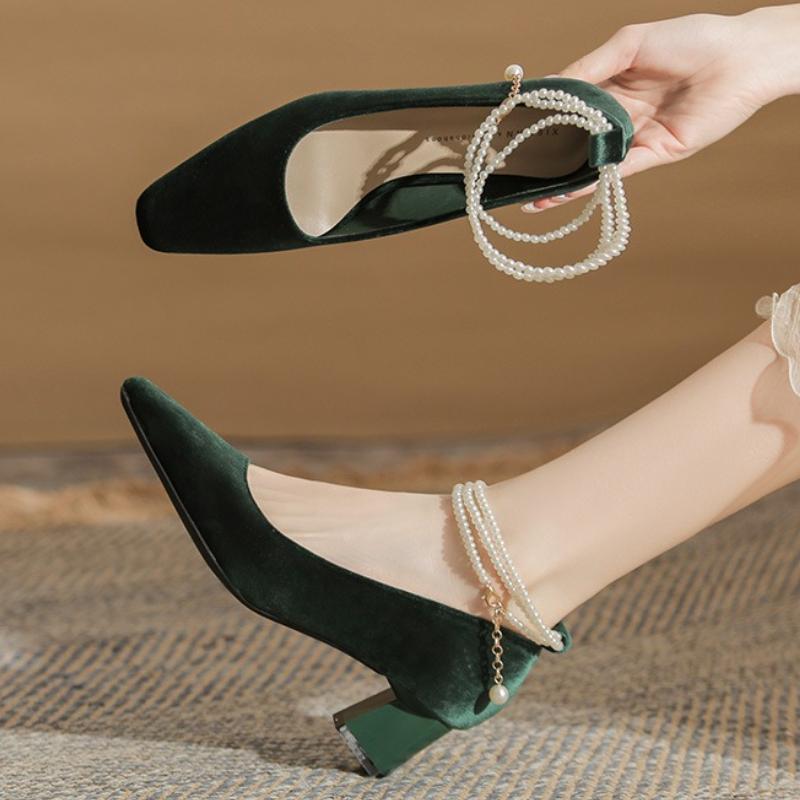 Luxury String Bead Ankle Buckle Design Pumps Women Cozy Shallow Pointed Toe Satin High Heel Sandals Elegant Evening Dress Shoes