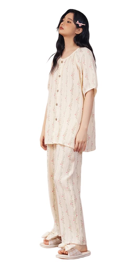 

RAVIR Cotton Double Gauze Short Long Round Girly Floral Ivory and Size M Women s 100% Pajamas, Sleeves, Pants, Neck, Print, Pink,