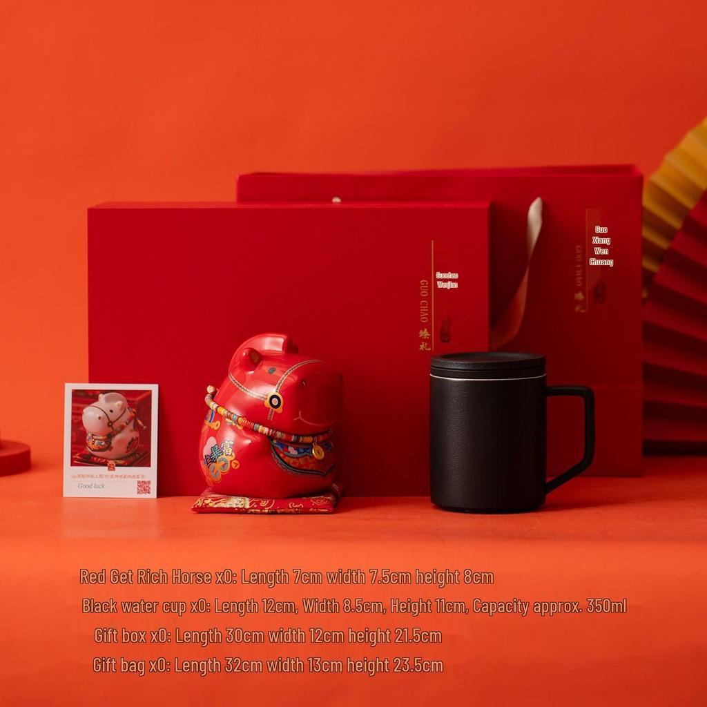 2026 Year of the Horse Cultural Gift Set: Ceramic Tea Cup, Ornament, Piggy Bank Souvenir