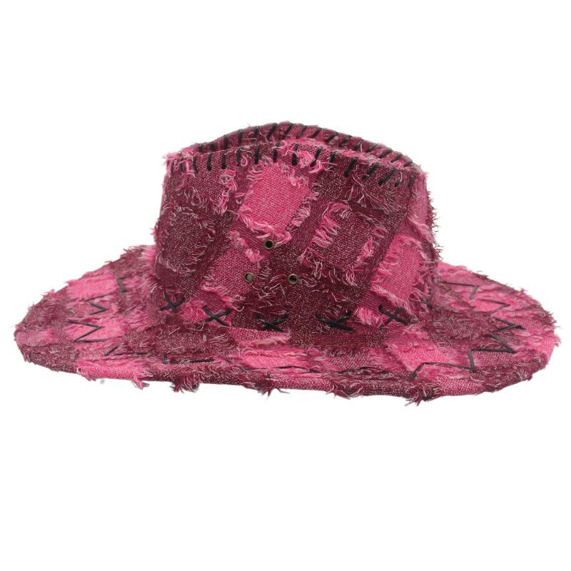 Ragged Old Western Cowboy Hat Jazz Style Bowler Hat Chequered Pattern Handsome Wearable Comes with Windproof Rope
