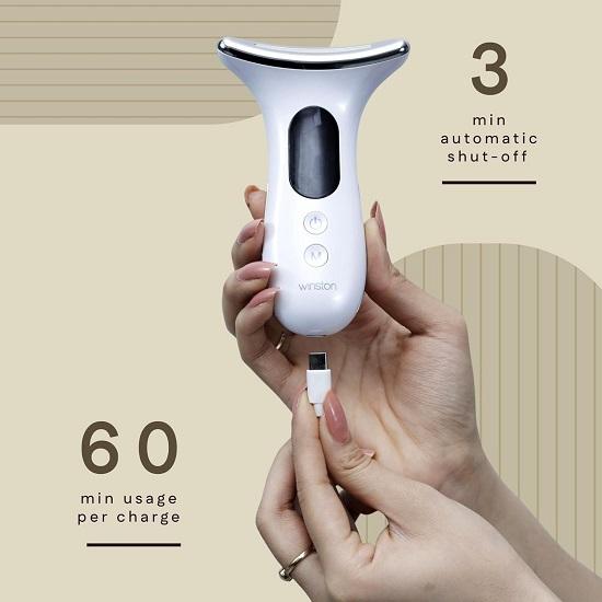 Rechargeable 4 In 1 Face and Neck Massager and Skin Lifting Device with 3-Color LED Therapy and Vibrational Modes, Digital Display, and Multi-Mode