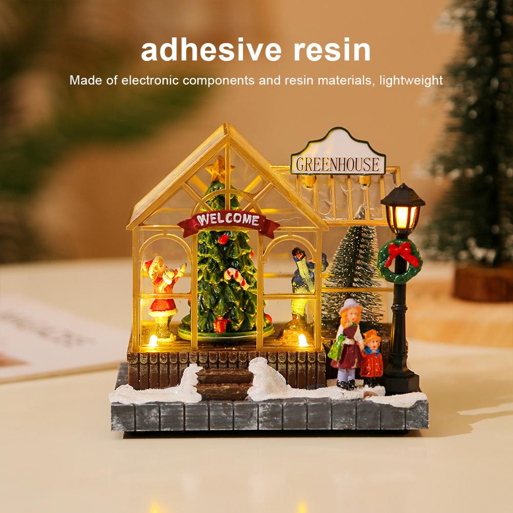 Christmas Scene Village House Ornament with LED Lights Christmas Decorations Resin Greenhouse Christmas Gift Home Decoration