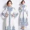 Spring Autumn Women Vintage Print Runway Dresses Single Breasted Long Maxi Party Belt Dress for Graduation