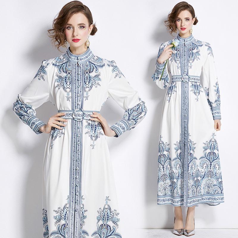 Spring Autumn Women Vintage Print Runway Dresses Single Breasted Long Maxi Party Belt Dress for Graduation
