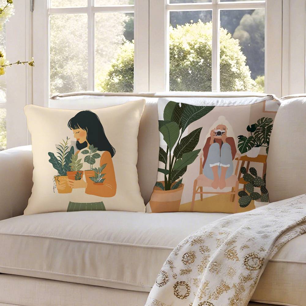 F-Blumen P-Pflanze G-Mädchen Kissenbezug Hausstaubmilben-Schutz Kissenbezug Verdeckter Reißverschluss Seidig Kurzer Plüsch Sofakissenbezug