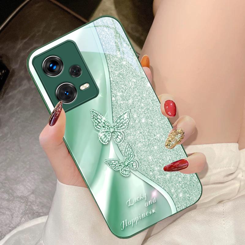 Golden Butterfly For Xiaomi 14 Ultra 13 Lite Redmi Note 13 11 Pro 12 Plus Poco X6 3 Pro F4 6 GT Tempered Glass Phone Case