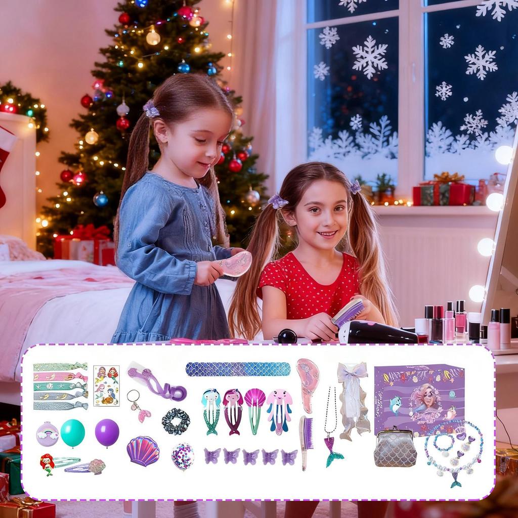 Mermaid Advent Calendar 24 Days Christmas Countdown Calendar with Jewelry Accessories Dress Up Set for Kids Girls Holiday Gifts