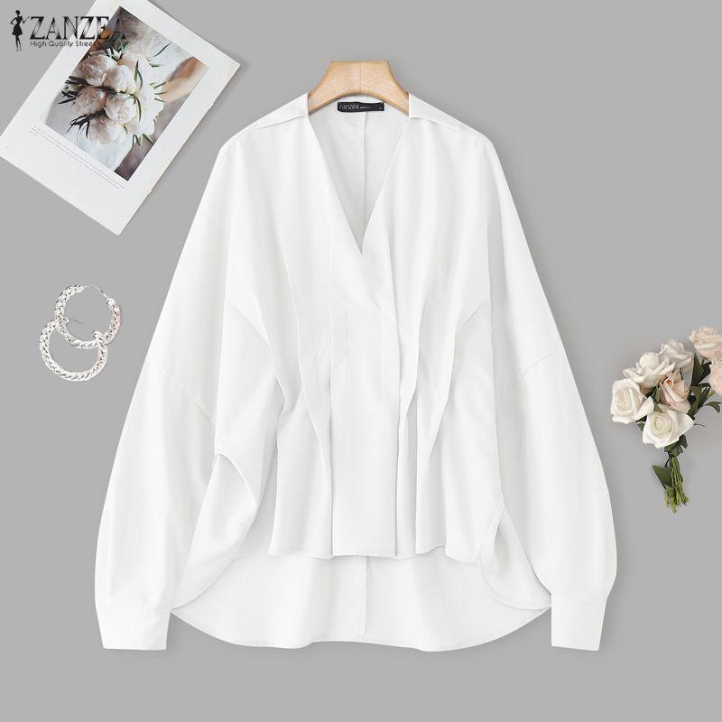 

ZANZEA Жіноча повсякденна блуза з лацканами, довгими рукавами, вільного крою, з плісуванням та нерівним низом XL білий
