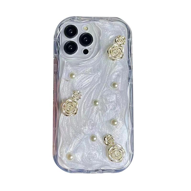 Epoxy Flower Pearl Mobile Phone Case For Iphone17Promax Silver Gray Cream Wind Apple 14 Soft All-Inclusive