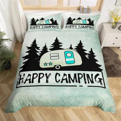 Happy Camping Duvet Cover Queen Cartoon Caravan Camping Bedding Set Farmhouse Style 3D Camper Comforter Cover With Pillowcases