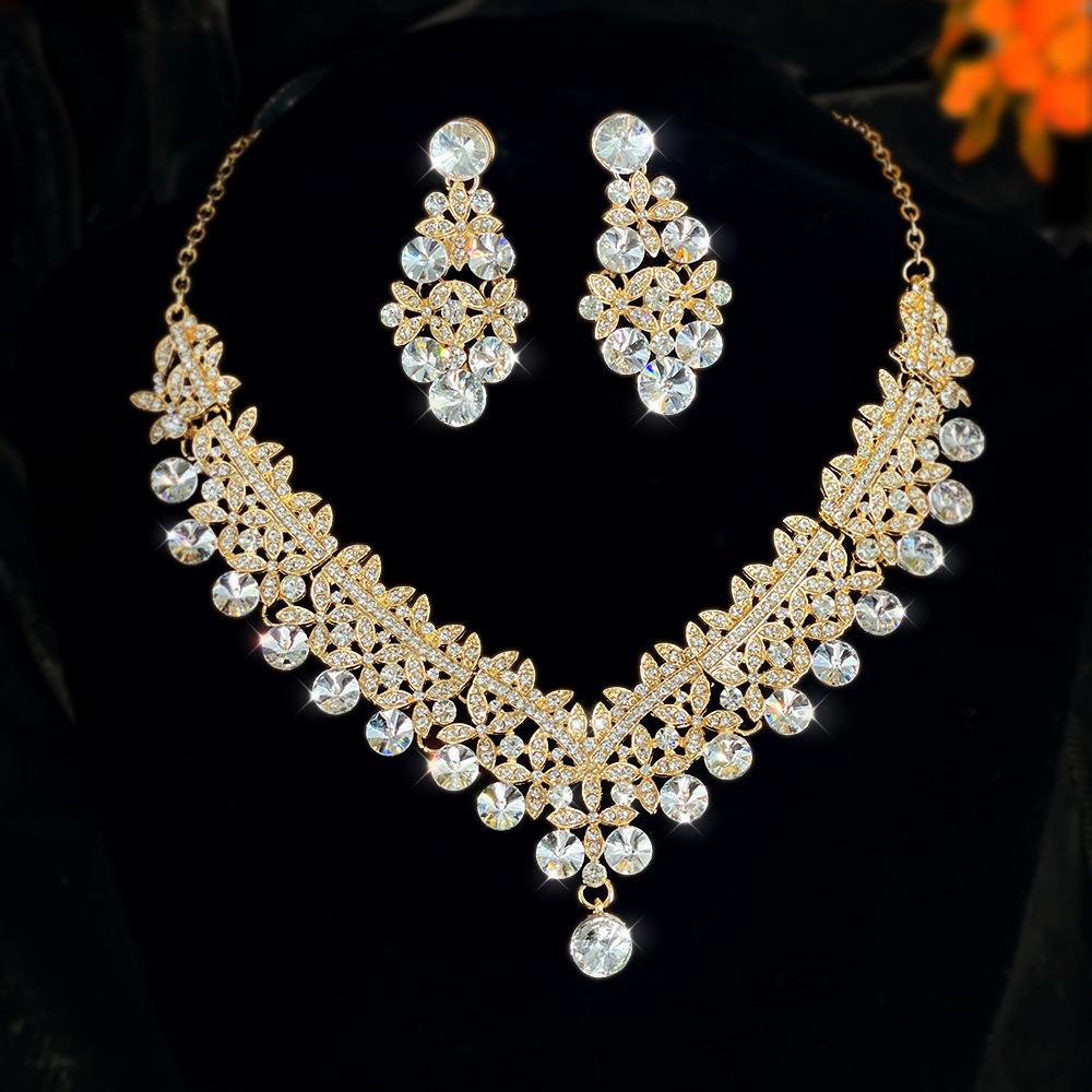 Exquisite Colored Rhinestone Necklace Earrings Set Party Dress Accessories Necklace