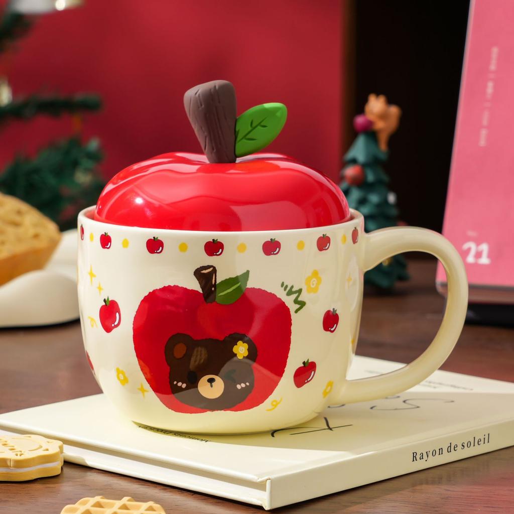 Högvärdig Apple-mugg med lock Mugg Jul Keramisk mugg Handritad tecknad söt Kaffekopp Souvenir