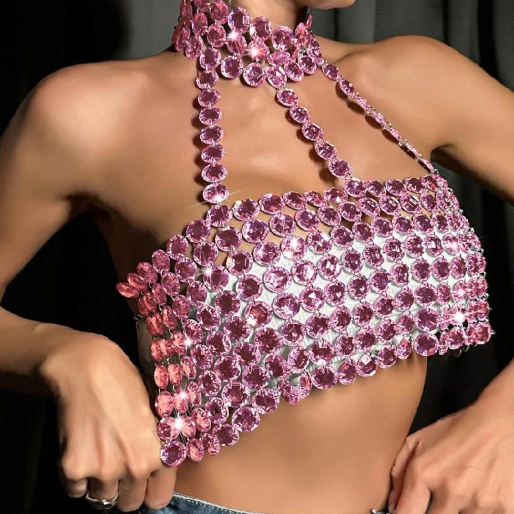 Rhinestones Diamond Body Chain Bra for Women Crystal Backless Chest Chain Halterneck Mesh Crop Top Harness Body Jewelry