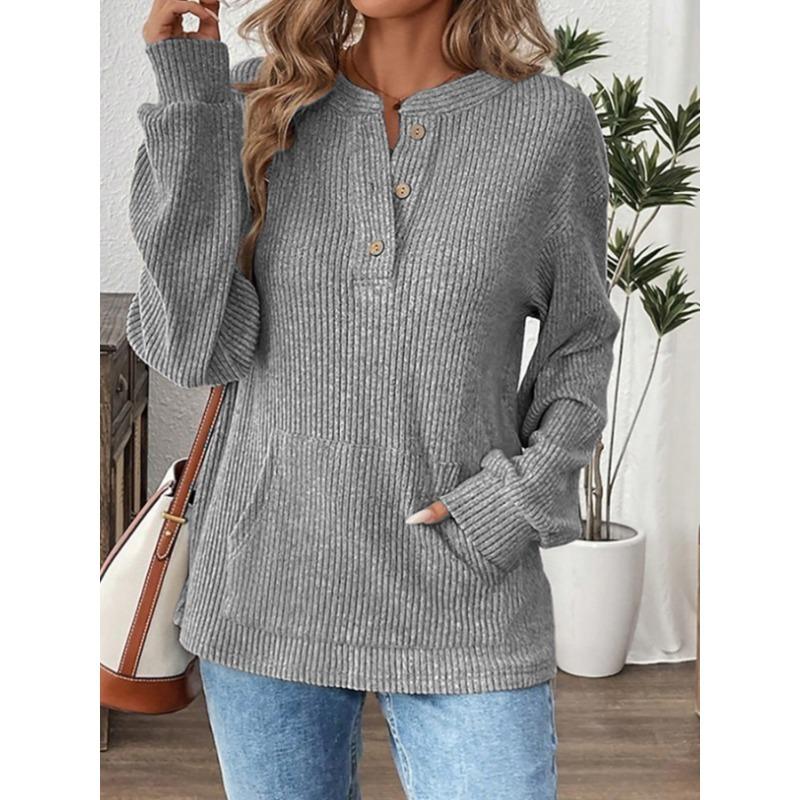 2025 Herbst und Winter Neue einfarbige Mode Knopf Locker Langarm T-Shirt Tops für Damen