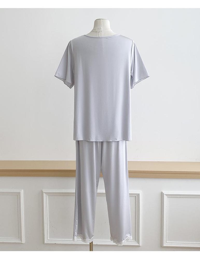 Women's Short-Sleeve Pajama Set with Built-in Bra, Summer Ice Silk Two-Piece, Casual Long Pants, Home Comfort Wear.