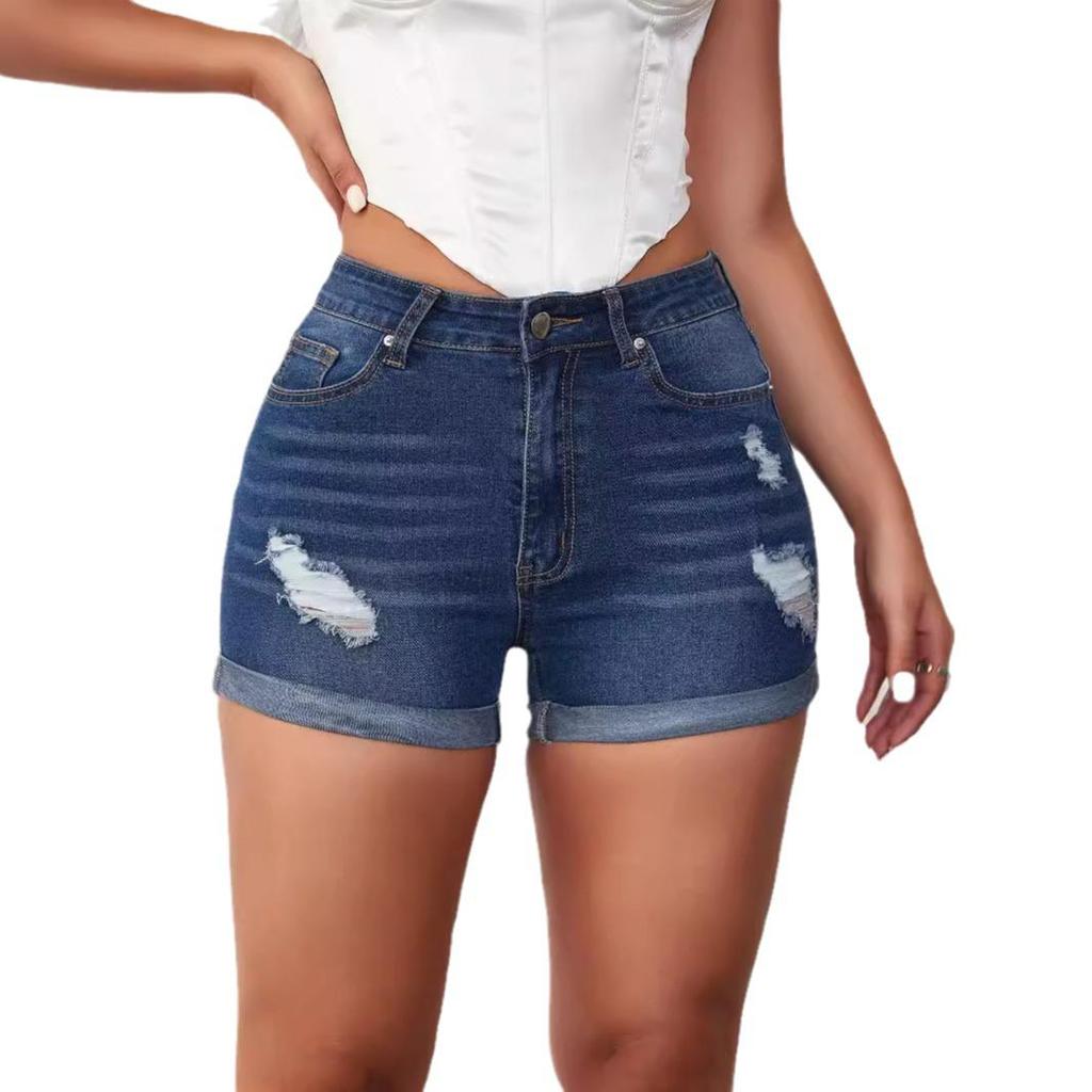 2024 Summer Women's Fashion: Casual Ripped Denim Cuffed Shorts