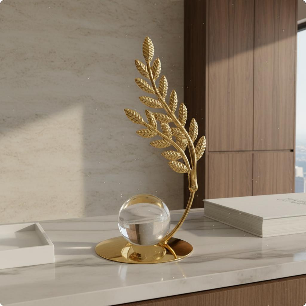 Crystal Ball Decor Elegant Luxury Desk Sculpture Gold Flower Ornament Gift Idea Leaf Sculpture Shiny Finish for Living Room