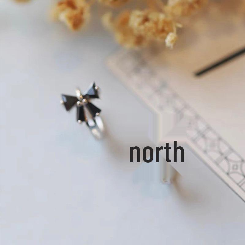 Sterling Silver White Gold Plated Bow Ear Cuff Earrings - Black & White Design, Light Luxury, Fresh and Elegant. Black Diamond Pair (White Gold)