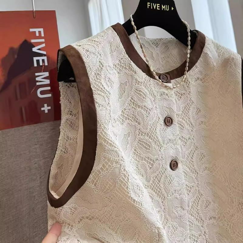 Women Lace Sleeveless Round Neck Single Breasted Vest Top