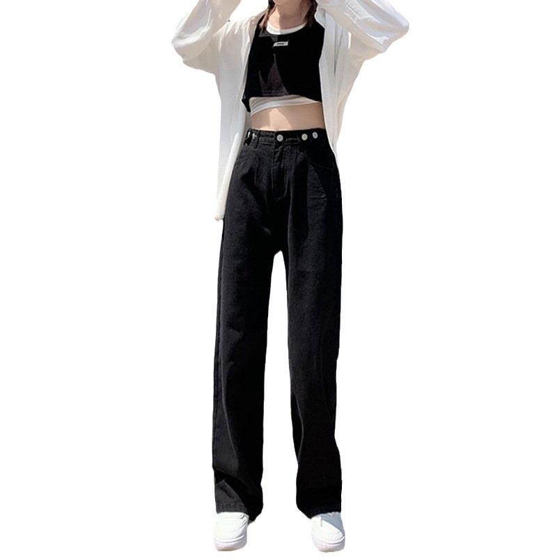 Women's High-Waist Adjustable Jeans - Korean Style Loose Straight-Leg Pants, Slimming Fit, Floor-Length, Small Sizes Available for Spring & Autumn.