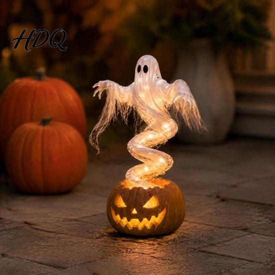 Spooky Ghost Pumpkin Lamps Halloween Swirling Yard Lamp, Lighted Outdoor Holiday Lawn Accents Statue, Warm LED Decoration for Porch Garden Decorative