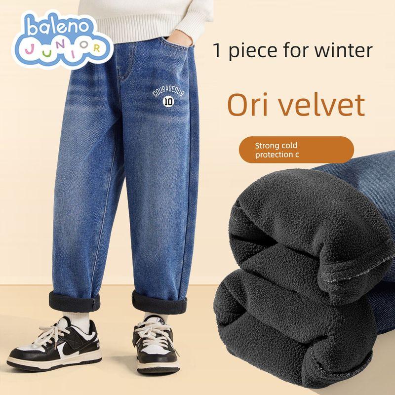 Baleno Kids Boys  Pants 2025 Autumn/Winter New Style Little Boys  Fleece-Lined Thickened Loose Casual Jeans Denim Blue#Tb White English K 120