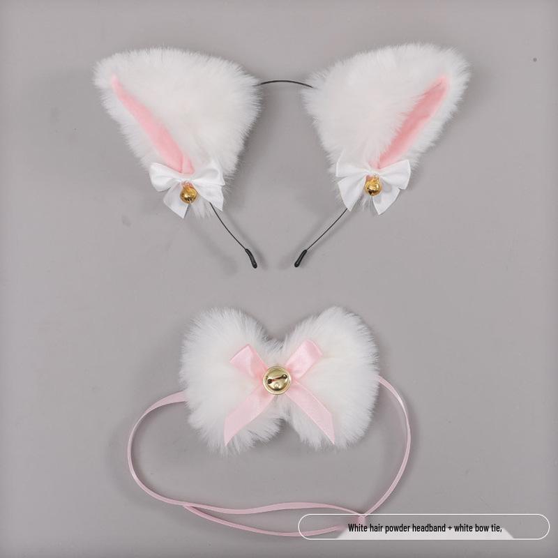 Lolita Fox Ear Cosplay Cat Headband & Erotic Bell Necklace Set with Cute Bow.