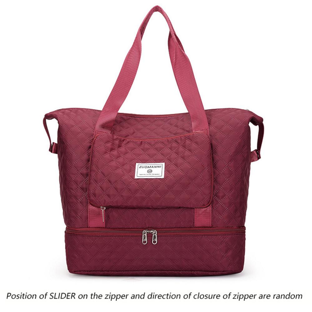 Large Capacity Foldable Travel Bag with Wet/Dry Separation, Diamond Quilted Nylon Tote for Gym, Yoga and Ladies Shoulder Bag - Hand Washable