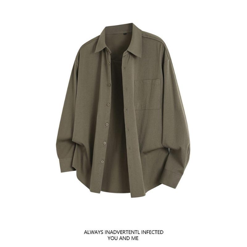 Men Solid Color Loose Casual Long Sleeve Button Up Shirt Outerwear