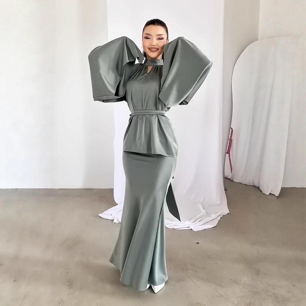 Jesień 2025 Elegancka Damska Sukienka Długa typu Halter z Paskiem w Talii i Długim Rękawem