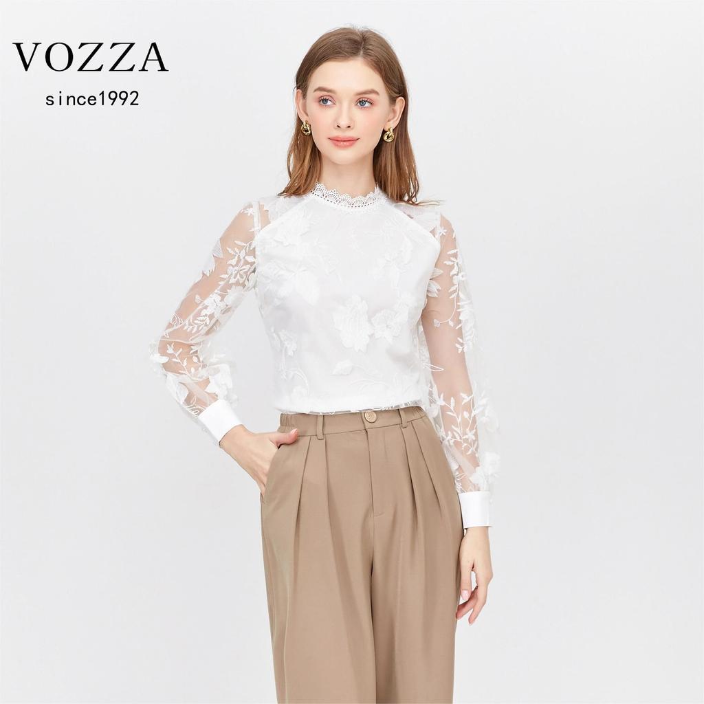 VOZZA Lace Long Sleeve Top with Embroidered Puff Sheer Floral Band Perfect for and Parties Women's See-Through Blouse/Shirt, Sleeves, Print, Stand-Up