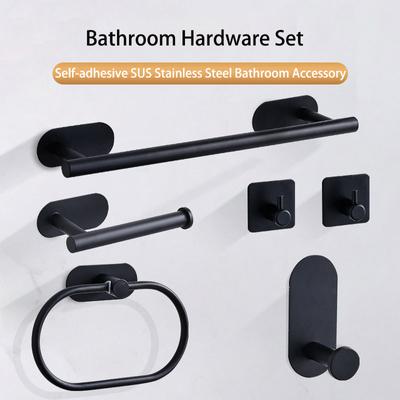Bohrfreie Edelstahl-Handtuchstange Papierhalter Selbstklebender Handtuchring Bademantelhaken Mattschwarz Silber Badezimmerzubehör-Set