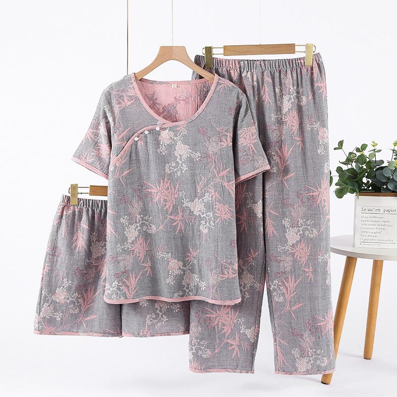 Pajamas women's retro long-sleeved trousers pure cotton double-layer cotton yarn-dyed spring and autumn simple skin-friendly casual loose loungewear