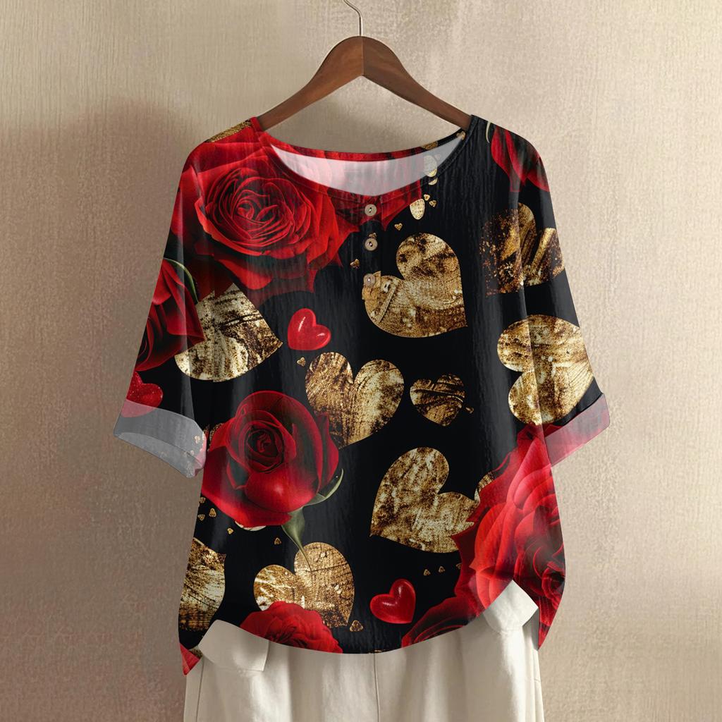 Damska koszulka z nadrukiem na Walentynki, casualowa, z krótkim rękawem, okrągłym dekoltem, z bawełny i lnu