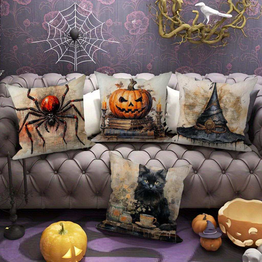 1pc Halloween Pillowcase Terrifying Decoration Black Cat Spider Terrifying Pumpkin Witch Hat Design