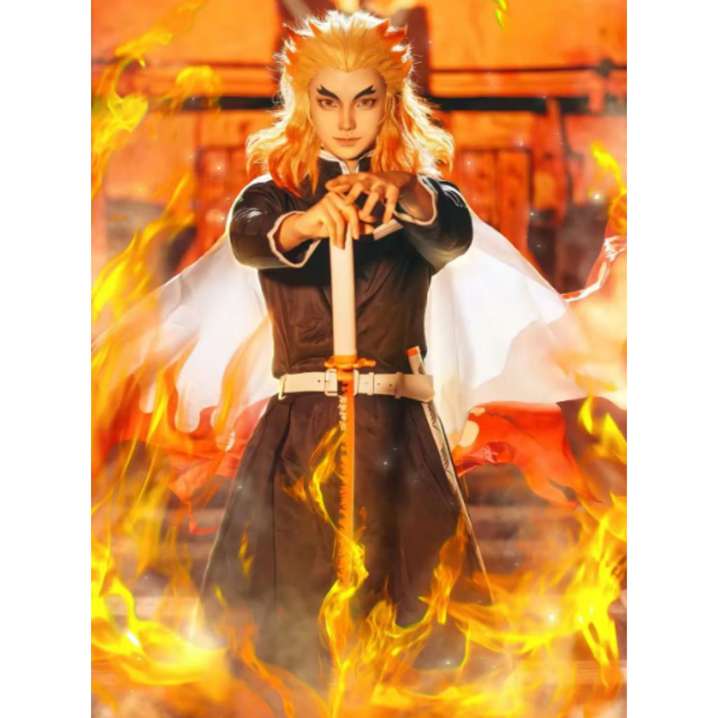 Anime Train Mugen Demon Slayer Rengoku Kyojuro Cosplay Costumes Kimetsu No Yaiba Robe Suits For Adult Kids Wigs Cos Outfit Party