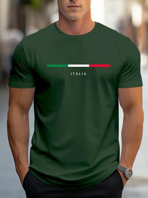 Men's Summer 100 Cotton Fashionable Casual Loose Plus ITALIA Pattern Printed Sports Round Neck Short Sleeved T-shirt top#Color(2)