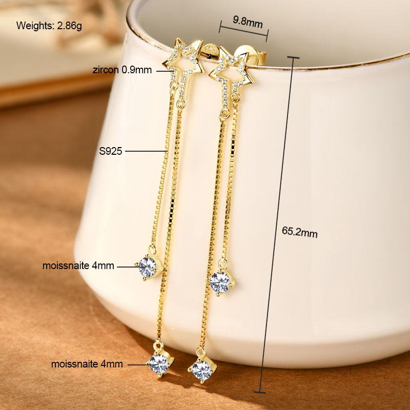 Anziw 925 Moissanite Star Tassel Drop Dangle Earrings for Women Real S925 Silver Studs Earrings Certified Fine Jewelry Gift Girl