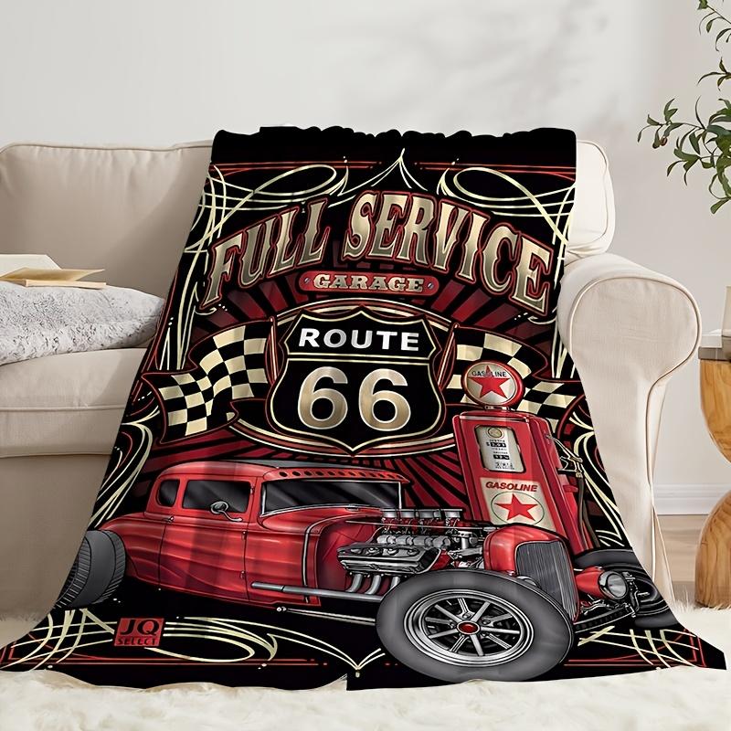Retro Pattern of Route 66 Flannel Printed Blanket Suitable for All Seasons Suitable for Living Room Office Sofa and Travel