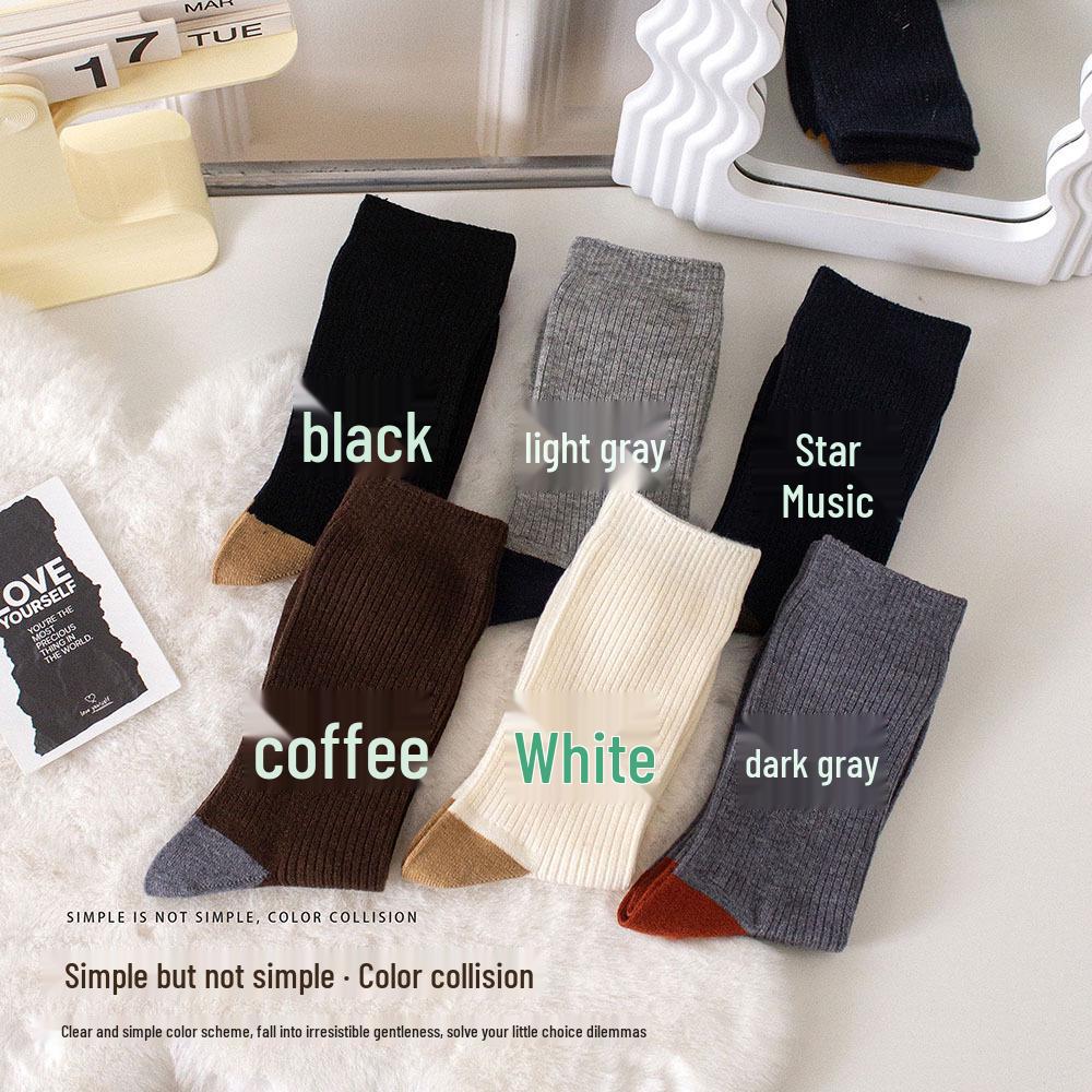 Women's Color Block Ribbed Cashmere Mid-Calf Socks - Warm & Stylish for Autumn/Winter