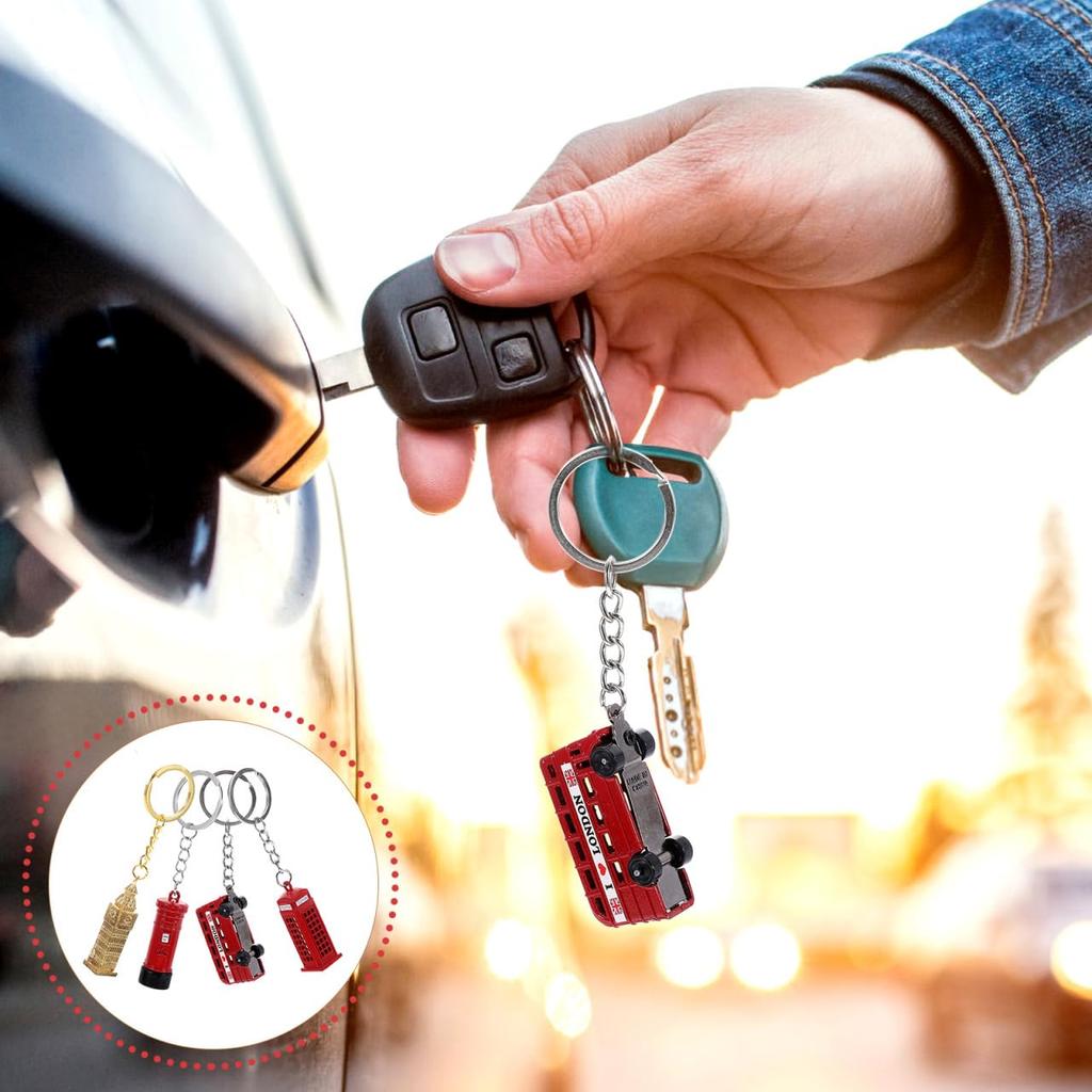 HOLIDYOYO Set of 4 Bus Model Keychains, Alloy London Telephone Booth and Double-Decker Bus Bag Charms, Unisex Keychain Pendants, 4.17" x 0.91" x 0.51"