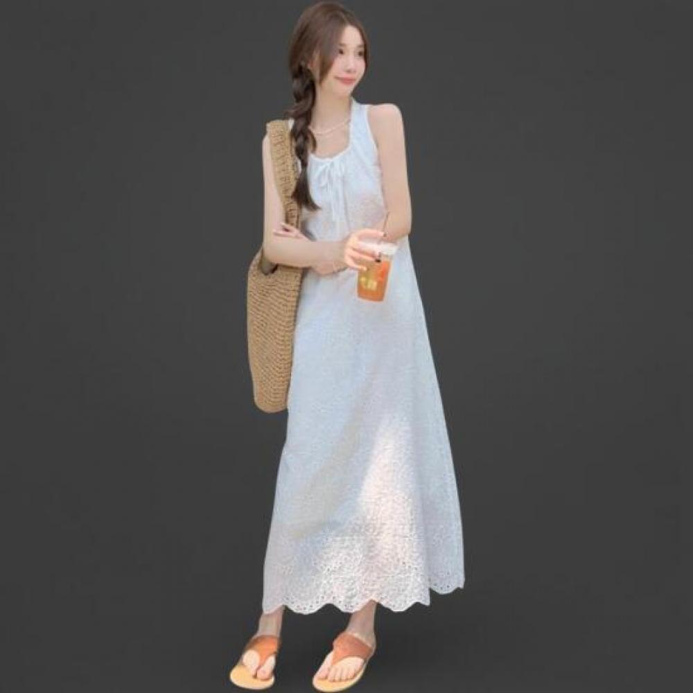 New Arrivals Open Run Women White Ribbon Decoration Punching Cotton Long Dress