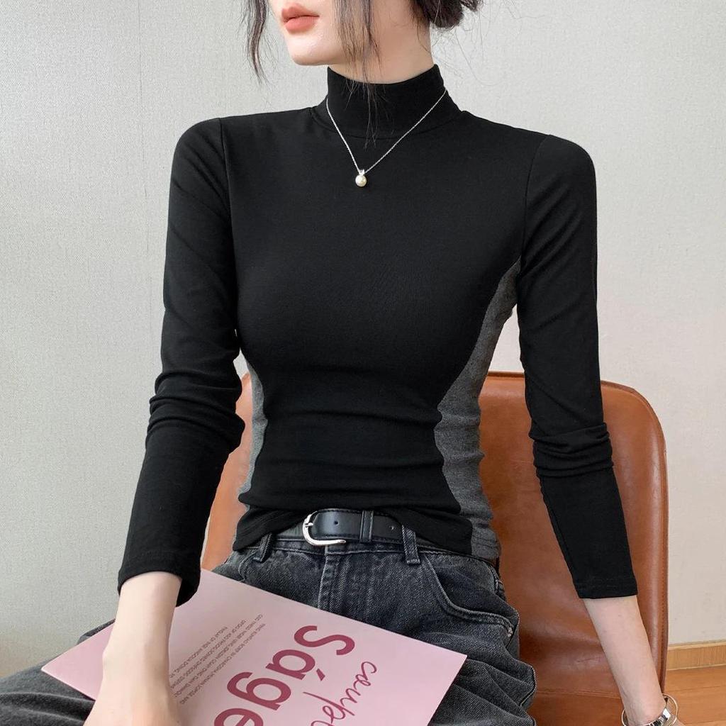 Women's Deep Gray Color Block Half-High Neck Long-Sleeve Slimming Base Layer Top for Autumn/Winter