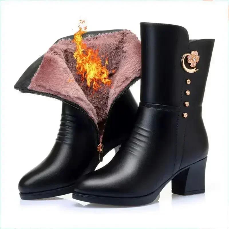 Casual  Mid-calf Boots for Womens Chunky High Heels Shoe Winter  Plush Warm Side Zipper Modern Boot Black Red Botas