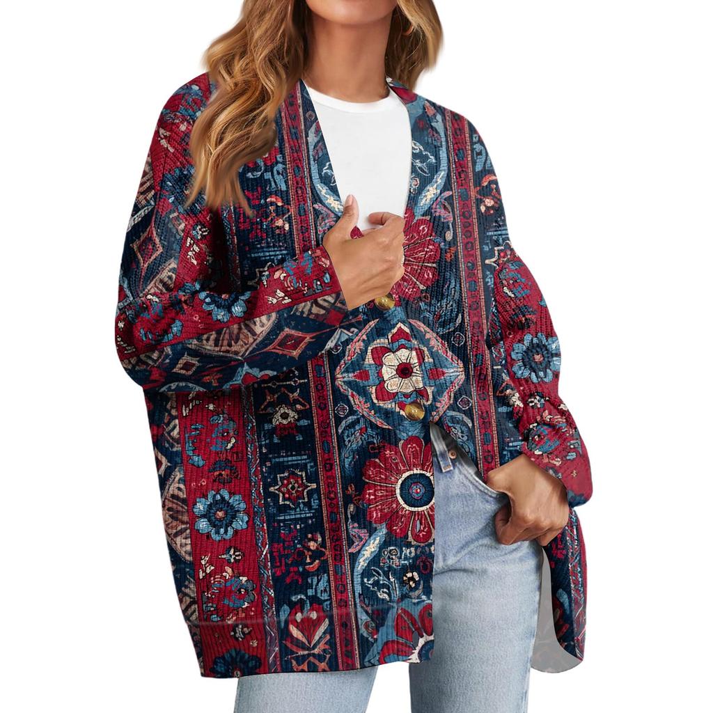 Women's Fashion Long Sleeve Print V-Neck Button Loose Cardigan Top