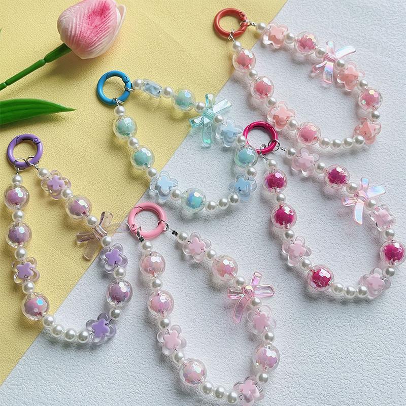 Creative  Beaded Bow Chain Pendant Decoration Keychain Mobile Phone Anti Loss Chain Bag Ornaments Car Accessories Gift